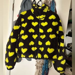 UO Olivia Fleece Jacket in Neon Heart Print